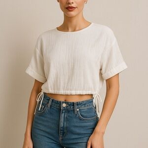 Zara White Textured Crop Top Size Small | Minimal Chic Drawstring Hem Blouse